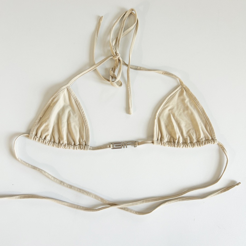I.AM.GIA Womens Aloha Beige Metal Logo Beach Triangle String Bikini Top Size XS
